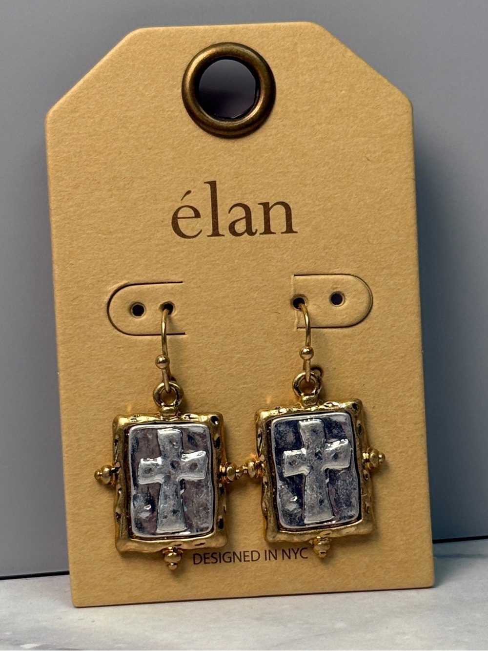 Élan Two-Tone Mixed Metal Rectangle Cross Dangle Earrings NWT